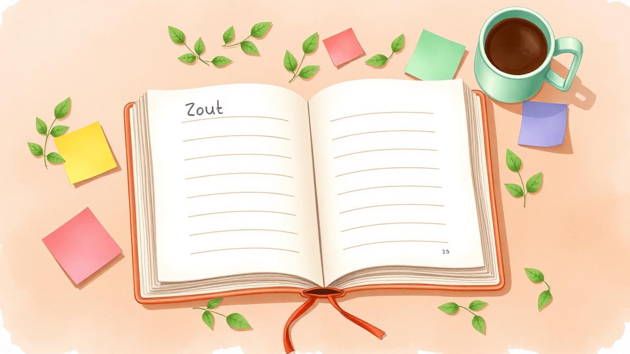 Open notebook with sticky notes and a coffee mug